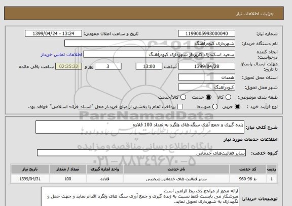 استعلام زنده گیری و جمع آوری سگ های ولگرد به تعداد 100 قلاده