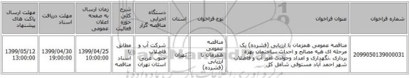 مناقصه عمومی همزمان با ارزیابی (فشرده) یک مرحله ای هیه مصالح و احداث ساختمان بهره برداری ،نگهداری و امداد وحوادث امور آب و فاضلاب شهر احمد آباد مستوفی شامل کل