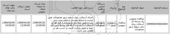 مناقصه عمومی یک مرحله ای آسفالت ریزی عابر سطح شهر محمودآباد