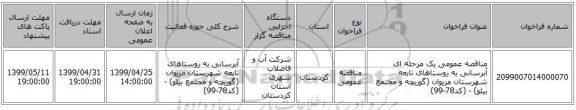 مناقصه عمومی یک مرحله ای آبرسانی به روستاهای تابعه شهرستان مریوان (گوریچه و مجتمع بیلو) - (کد78-99)