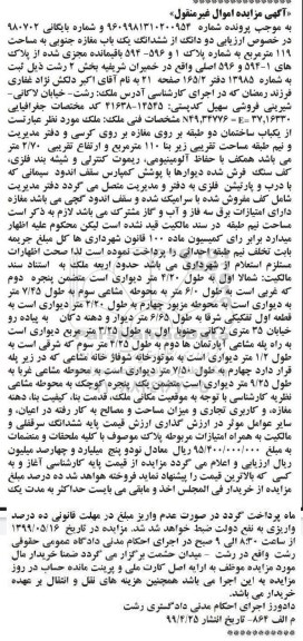 مزایده،مزایده دو دانگ از ششدانگ یکباب مغازه