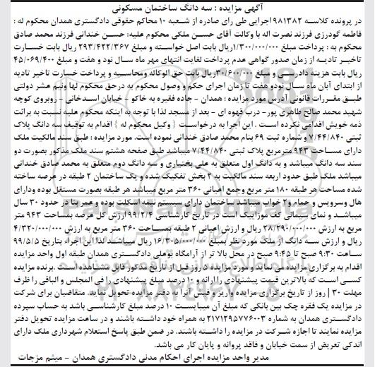 آگهی مزایده مزایده سه دانگ پلاک ثبتی 7.44.840 