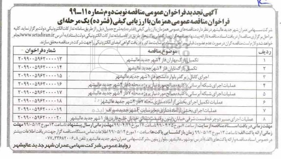 تجدید فراخوان عمومی مناقصه, تجدید فراخوان مناقصه تکمیل پارک ... نوبت دوم 