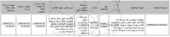مناقصه عمومی یک مرحله ای واگذاری امور حمل و نقل و ماموریت های درون و بیرون شهری کارکنان و پرسنل مرکز بهداشت شهرستان باشت  و بیمارستان شهدای باشت