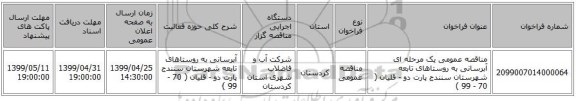 مناقصه عمومی یک مرحله ای آبرسانی به روستاهای تابعه شهرستان سنندج پارت دو - قلیان ( 70  -  99 )