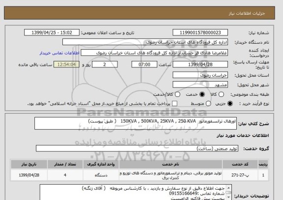 استعلام اورهال ترانسفورماتور  150KVA , 500KVA, 25KVA , 250 KVA   ( طبق پیوست) 