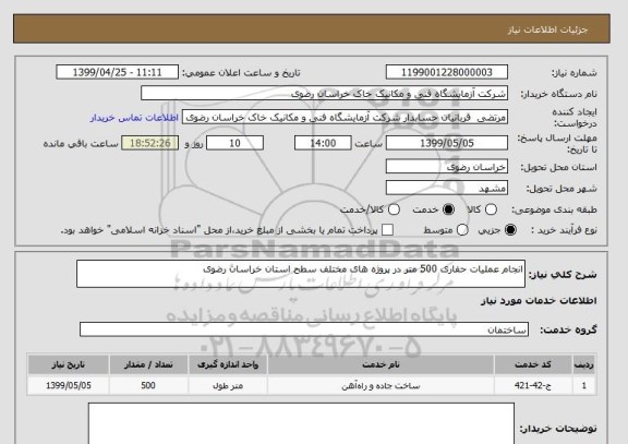 استعلام انجام عملیات حفاری 500 متر در پروژه های مختلف سطح استان خراسان رضوی