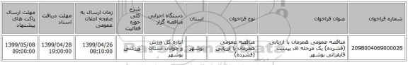 مناقصه عمومی همزمان با ارزیابی (فشرده) یک مرحله ای پیست قایقرانی بوشهر