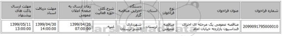 مناقصه عمومی یک مرحله ای اجرای فنداسیون بازارچه خیابان امام