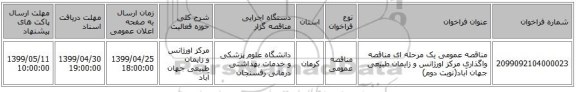 مناقصه عمومی یک مرحله ای مناقصه واگذاری مرکز اورژانس و زایمان طبیعی جهان آباد(نوبت دوم)