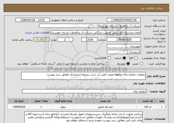 استعلام عملیات حفاری چاه دوکوهه جهت تامین آب شرب بیدروبه اندیمشک مطابق سند پیوست