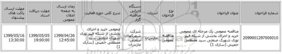 مناقصه عمومی یک مرحله ای عمومی خرید و اجرای بخشی از شبکه فیبر نوری شهرک صنعتی سید مصطفی خمینی (ساری 1)