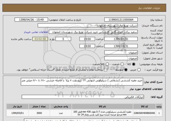 استعلام خرید مقره کششی (بشقابی ) سیلیکونی انتهایی ۲۴ کیلو ولت ۷ پره  با فاصله خزشی ۶۸۰ تا ۸۶۰ میلی متر