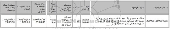 مناقصه عمومی یک مرحله ای تهیه تجهیزات و اجرای شبکه 20 کیلوولت تعدادی از خیابان های فاز دوم شهرک صنعتی ثامن الائمه(قنوات)