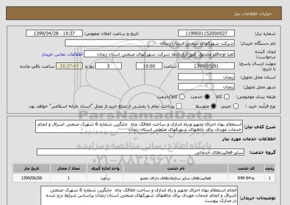 استعلام استعلام بهاء اجرای تجهیز و راه اندازی و ساخت اطاقک چاه  جایگزین شماره 6 شهرک صنعتی اشراق و انجام خدمات موردی برای چاههای شهرکهای صنعتی استان زنجان