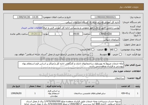 استعلام ارائه خدمات مربوط به بهسازی ساختمانهای اداری و کارگاهی اداره کل و مراکز بر اساس فرم استعلام بهاء پیوستی و قرارداد منعقده می باشد 