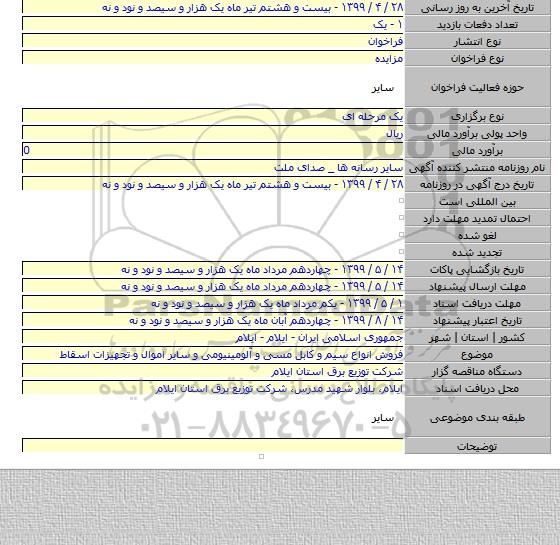 فروش انواع سیم و کابل مسی و آلومینیومی و سایر اموال و تجهیزات اسقاط