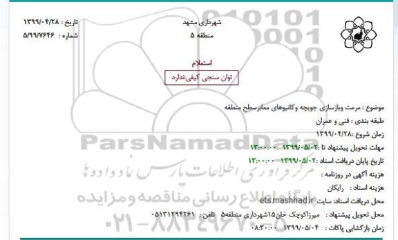 استعلام, استعلام مرمت و بازسازی جویچه و کانیوهای معابر سطح منطقه