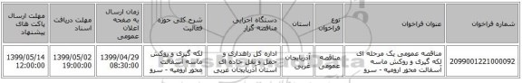مناقصه عمومی یک مرحله ای لکه گیری و روکش ماسه آسفالت محور ارومیه - سرو