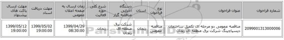 مناقصه عمومی دو مرحله ای تکمیل ساختمان دیسپاچینگ شرکت برق منطقه ای زنجان
