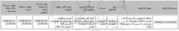 مناقصه عمومی یک مرحله ای تجدید مناقصه بهسازی راه روستایی حسین آباد شهرستان بوکان