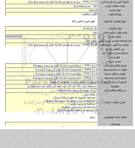 استعلام خرید ۴۵۰ عدد کات اوت تیغه ائی (کلید جدا ساز هوائی)