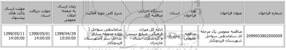 مناقصه عمومی یک مرحله ای ساماندهی سواحل شهرستان فریدونکنار