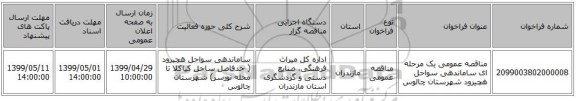 مناقصه عمومی یک مرحله ای ساماندهی سواحل هچیرود شهرستان چالوس