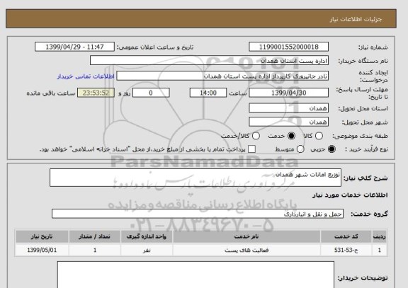 استعلام توزیع امانات شهر همدان