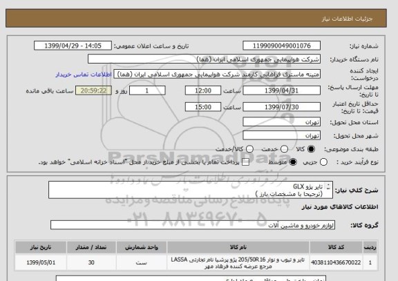 استعلام تایر پژو GLX(ترجیحا با مشخصات بارز )تعداد:30 حلقهایران کد جهت تشابه میباشد,سایت ستاد