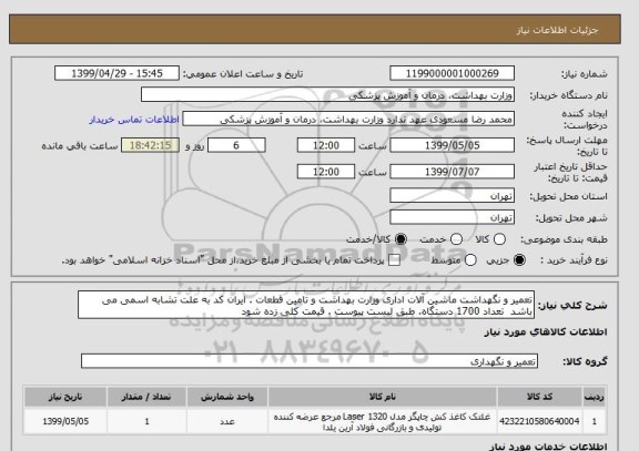 استعلام تعمیر و نگهداشت ماشین آلات اداری وزارت بهداشت و تامین قطعات . ایران کد به علت تشابه اسمی می باشد  تعداد 1700 دستگاه. طبق لیست پیوست . قیمت کلی زده شود