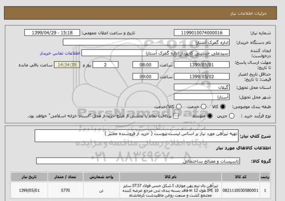 استعلام تهیه تیرآهن مورد نیاز بر اساس لیست پیوست ( خرید از فروشنده معتبر )