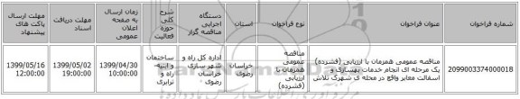 مناقصه عمومی همزمان با ارزیابی (فشرده) یک مرحله ای انجام خدمات بهسازی و اسفالت معابر واقع در محله ی شهرک تلاش