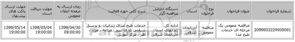 مناقصه عمومی یک مرحله ای خدمات طبخ غذا