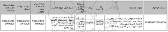 مناقصه عمومی یک مرحله ای تعمیرات بخش سی تی اسکن بیمارستان فاطمیه (س) شهرستان خوانساربراساس فهارس بهاء 1399