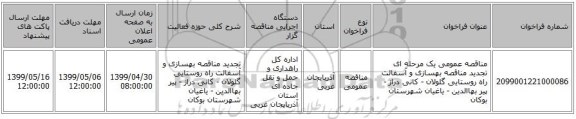 مناقصه عمومی یک مرحله ای تجدید مناقصه بهسازی و آسفالت راه روستایی گلولان - کانی دراز - پیر بهاالدین - یاغیان شهرستان بوکان