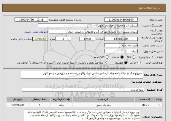 استعلام حفرولوله گذاری یک حلقه چاه  آب شرب شهر تایباد واقع در منطقه چهار برجی مجتمع کوثر