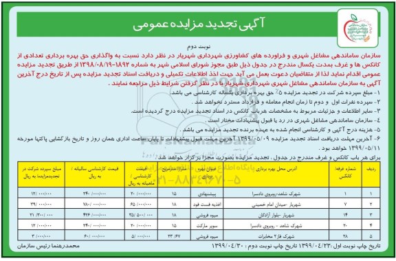 آگهی مزایده عمومی , مزایده اجاره بهره برداری از کانکس ها و غرف- تجدید - نوبت دوم