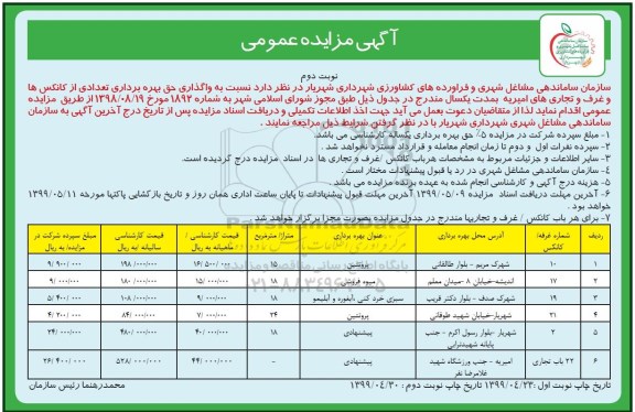 آگهی مزایده عمومی , مزایده اجاره بهره برداری از کانکس ها و غرف و تجاری ها - نوبت دوم
