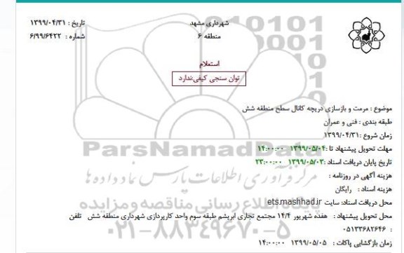 استعلام  مرمت و بازسازی دریچه کانال سطح