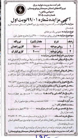 مزایده فروش روغن سوخته (38000 لیتر)