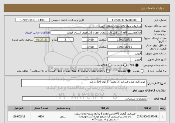 استعلام خرید آفت کش فیبرونیل (ریجنت) گرانول 2/0 درصد 