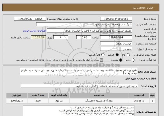 استعلام طرح آبرسانی به روستاهای شهرستان سرخس ( قاسم آباد - جهانگیرعلیا- شوراب وسطی - درخت بید علیا و بید سوخته ) 