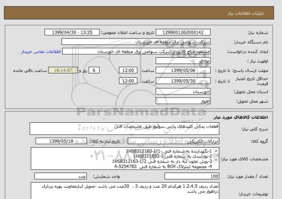 استعلام قطعات یدکی کلیدهای پارس سوئیچ طبق مشخصات فنی 