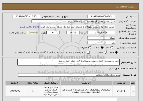 استعلام تعمیر سوییچهای فشار خروجی پمپهای بارگیری اصلی انبار نفت ری
