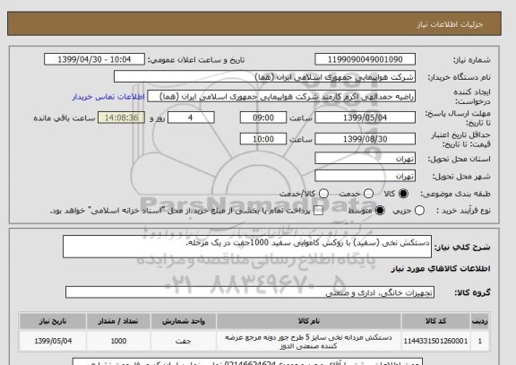 استعلام دستکش نخی (سفید) با روکش کاموایی سفید 1000جفت در یک مرحله.