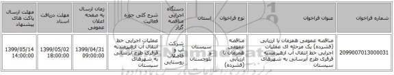 مناقصه عمومی همزمان با ارزیابی (فشرده) یک مرحله ای عملیات اجرایی خط انتقال آب ازهیرمندبه قرقری طرح آبرسانی به شهرهای سیستان
