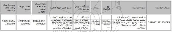 مناقصه عمومی یک مرحله ای تجدید مناقصه تکمیل بهسازی و آسفالت راه روستایی ماته خرپه - شناتال - کهریز شهرستان سلماس