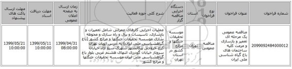 مناقصه عمومی یک مرحله ای تعمیر و بازسازی و مرمت کلیه ساختمان های باغ گیاه شناسی ملی ایران