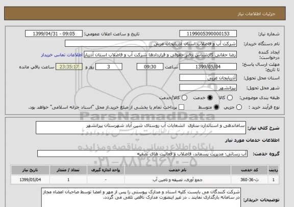 استعلام ساماندهی و استاندارد سازی  انشعابات آب روستای شین آباد شهرستان پیرانشهر